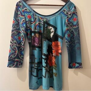 Save The Queen Blue and Multicolor Long Sleeve Top